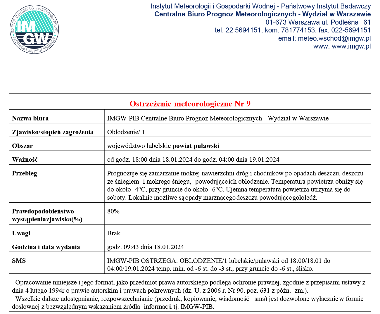 IMGW: Ostrzeżenie przed oblodzeniem
